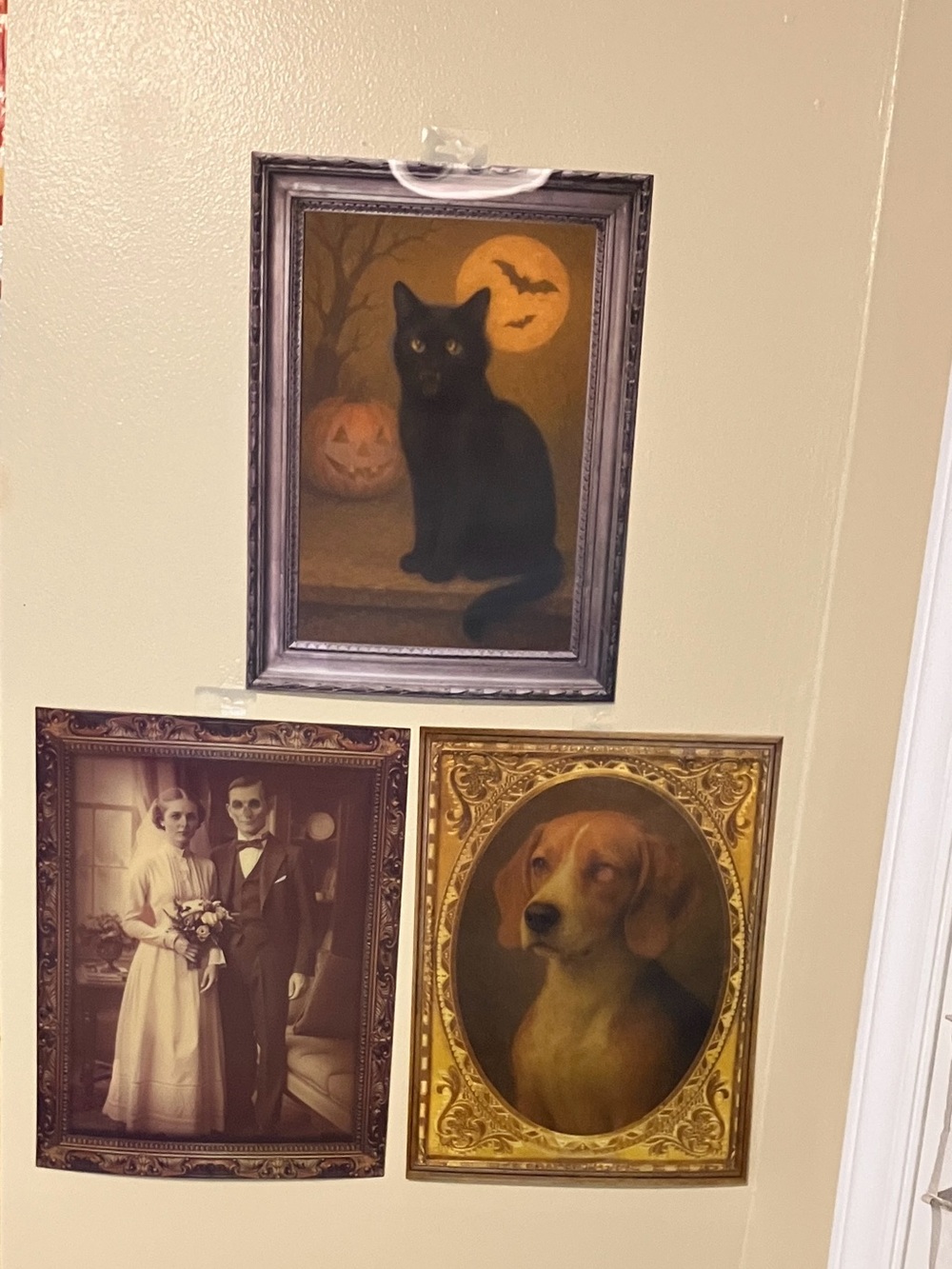 Cat Dog People Halloween shifting wall art. Flat 2-D prints. Skeleton vampire